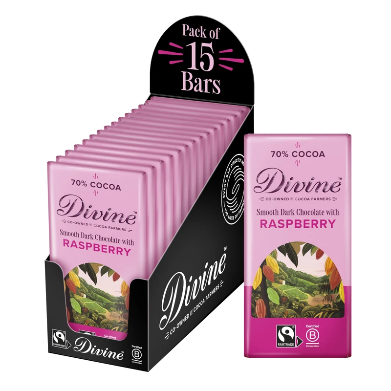 Divine 70% Cocoa Dark Chocolate with Raspberries 15 x 90g Bars – Fairtrade Dark Chocolate Bar – Sweet Raspberry Pieces – Ethical Premium Chocolate - Image 1
