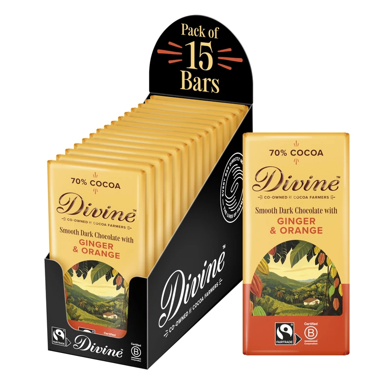 Divine 70% Dark Chocolate Ginger and Orange - 15 x 90g Bars