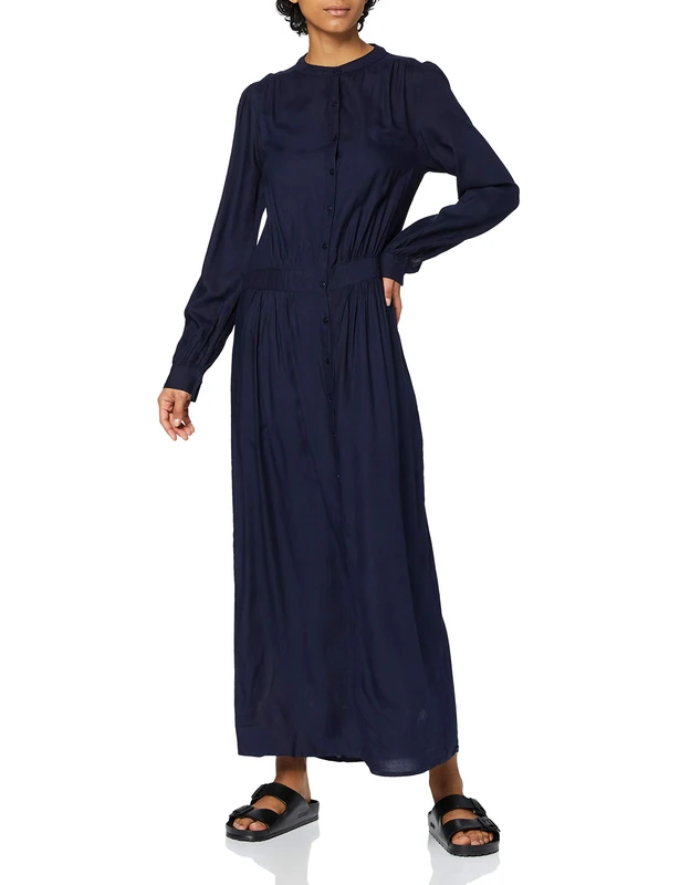 SPARKZ COPENHAGEN Women's Tara Long Dress Blouson Plain Long Sleeve Dress, Blue (Navy 780), 8 (Manufacturer Size:S)