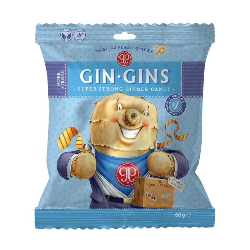 GIN GINS® Super Strength Hard Ginger Candy By The Ginger People® - Anti-Nausea and Digestion Aid, Individually Wrapped Healthy Candy - Super Strength Ginger Flavor - 60g Bag - Pack of 12