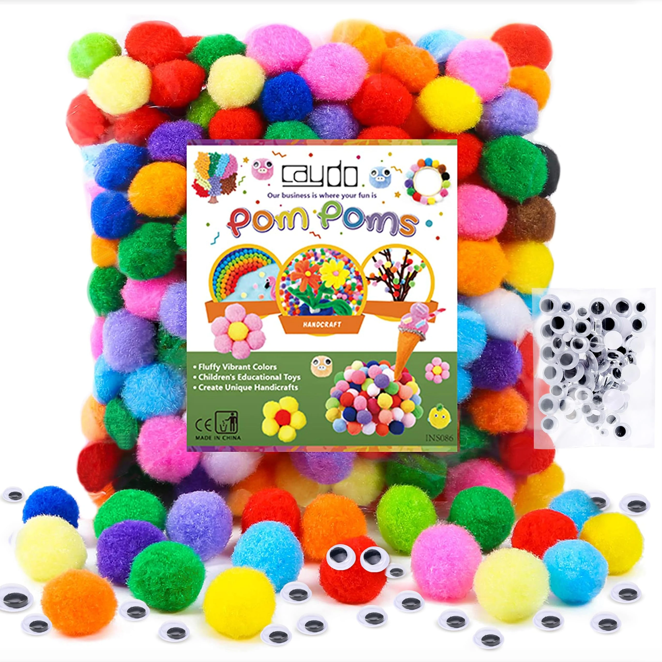 Caydo 300 PCS Multicolor Craft Pom Poms, 2.5 cm Fuzzy Pompoms Balls with 100 PCS Wiggle Eyes for Kids DIY Creative Crafts Projects Decorations
