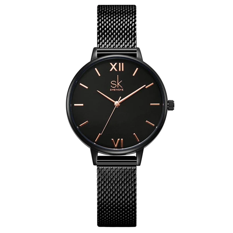 SHENGKE Creative Simplicity Women Watch Mesh Band Elegant Women Watches Ladies Business Wristwatch (K0039-black-mesh Band)