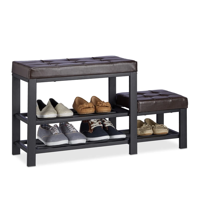 Relaxdays Shoe Bench with Footstool, Comfortable Seat Padding, 2 Tiers, Shoe Rack for Kids, HWD: 50 x 90 x 20 cm, Brown