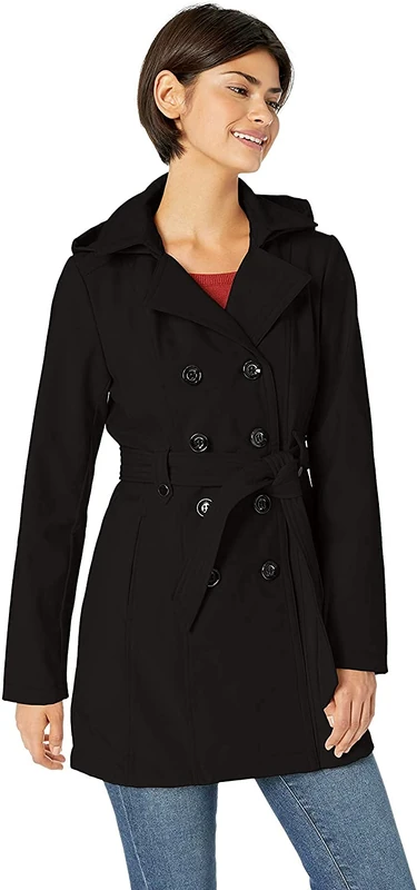Sebby Women's Soft Shell Trench Coat Water Resistant with a Detachable Hood Trenchcoat, Black, Medium