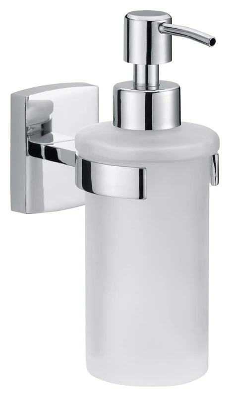 tesa KLAAM Hand Soap Dispenser - No Drill Wall Mounted Chrome-Plated Dispenser Holder for 200 ml Liquid Soap with Satined Glass Bottle, Stainless - Includes Removable Adhesive Solution