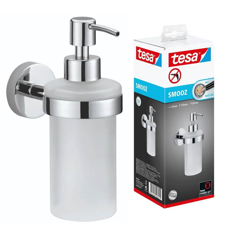 tesa® Smooz soap Dispenser, high Gloss Chromed Metal, self-Adhesive, Adhesive mounting Technology, 170mm x 70mm x 126mm