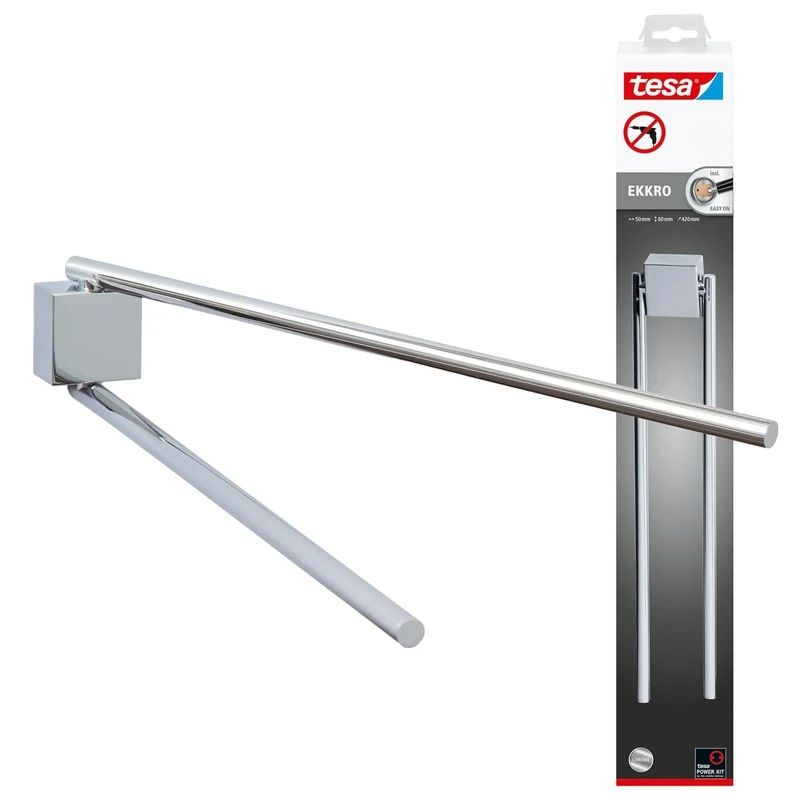tesa Ekkro two-armed towel holder, high gloss chromed metal, self-adhesive, adhesive mounting technology, 80mm x 50mm x 420mm