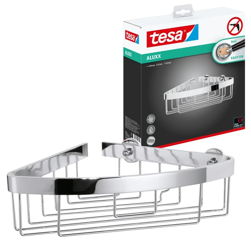 tesa Aluxx Corner Shower Basket, high Gloss Chromed Aluminum, self-Adhesive, Adhesive mounting Technology, 87mm x 205mm x 210mm