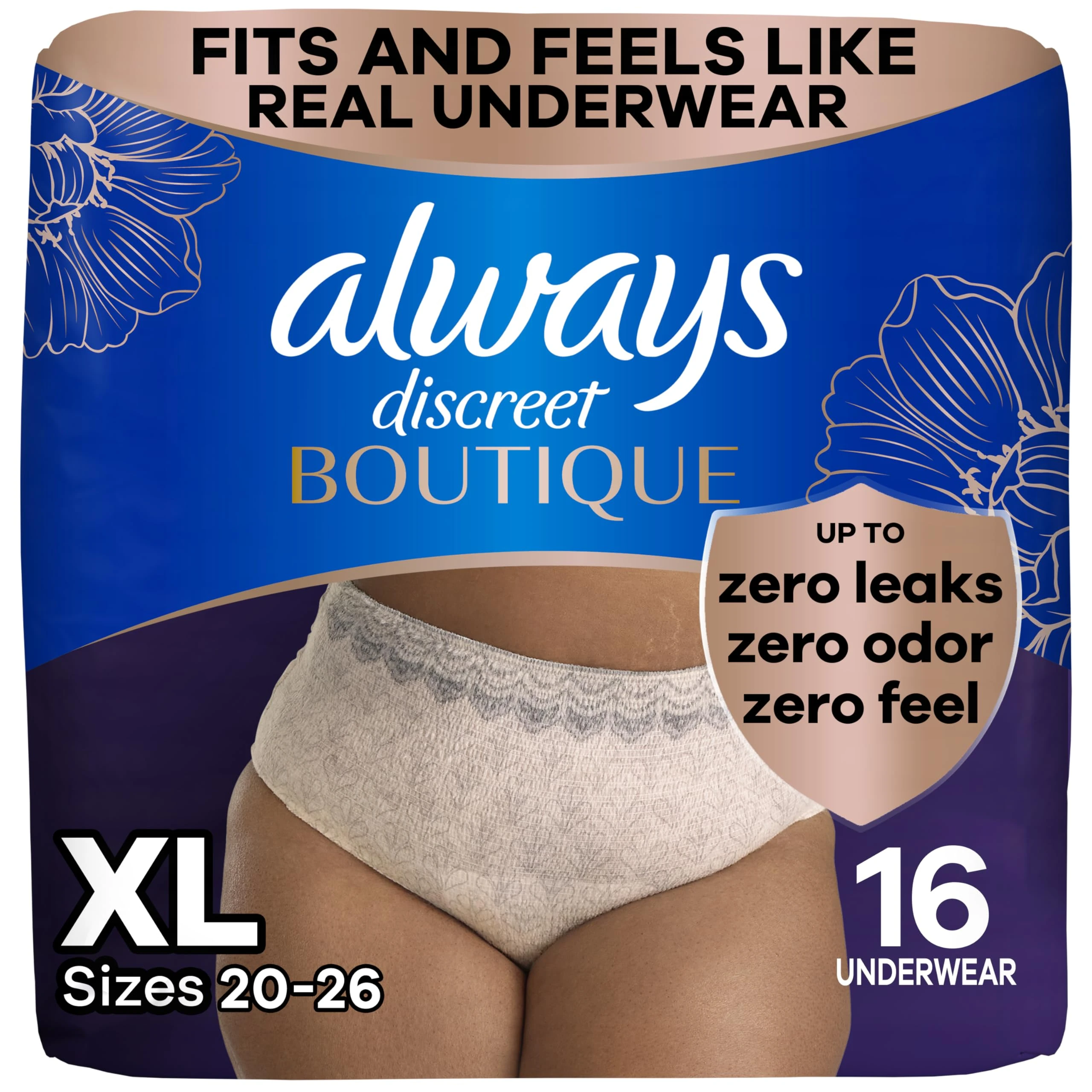 Always Discreet Boutique, Incontinence and Postpartum Underwear For Women, Maximum Protection, X-Large, 16 Count