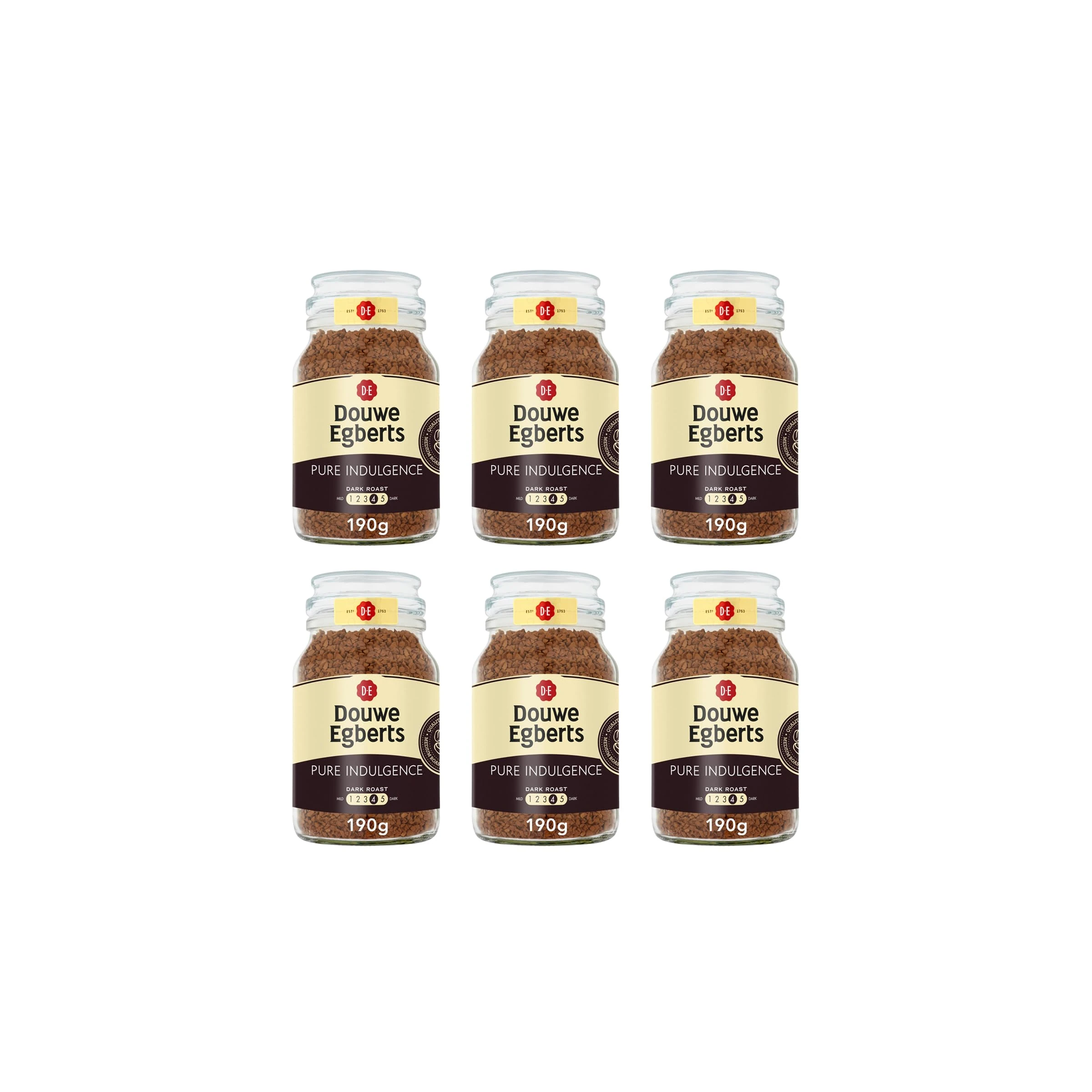 Douwe Egberts Pure Indulgence Dark Roast Instant Coffee 190g (Pack of 6 Jars, Total 1.14kg)