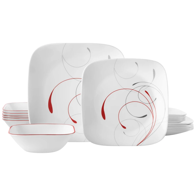 Corelle Vitrelle 18-Piece Service for 6 Dinnerware Set, Triple Layer Glass, Chip Resistant, Lightweight Square Plates and Bowls, Splendor