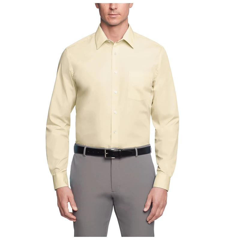 Van Heusen Men's Poplin Regular Fit Solid Point Collar Dress Shirt, Lemon Glaze, 16" Neck 36"-37" Sleeve