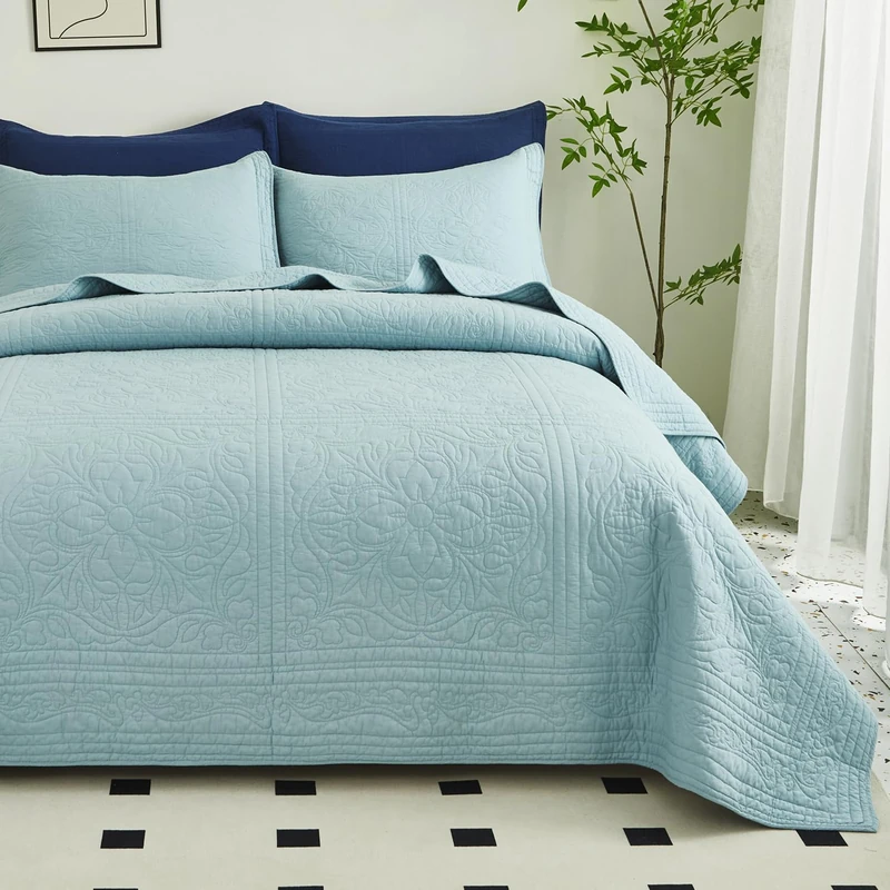 WINLIFE 100% Cotton Quilt Set King 106x98 Inch Bedding Set Blue Bedspread Super Soft Lightweight Matelasse Embroidery Floral Coverlets for All Season, 3 Piece (1 Quilt, 2 Pillow Shams)