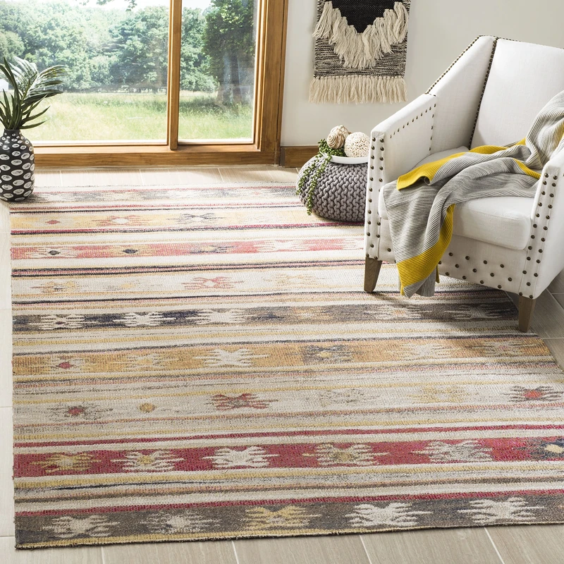 Safavieh Bright & Modern Indoor/Outdoor Woven Rectangle Area Rug, Montage Collection, MTG238, in Taupe / Multi, 122 X 183 cm for Garden, Patio or Any Outdoor Space