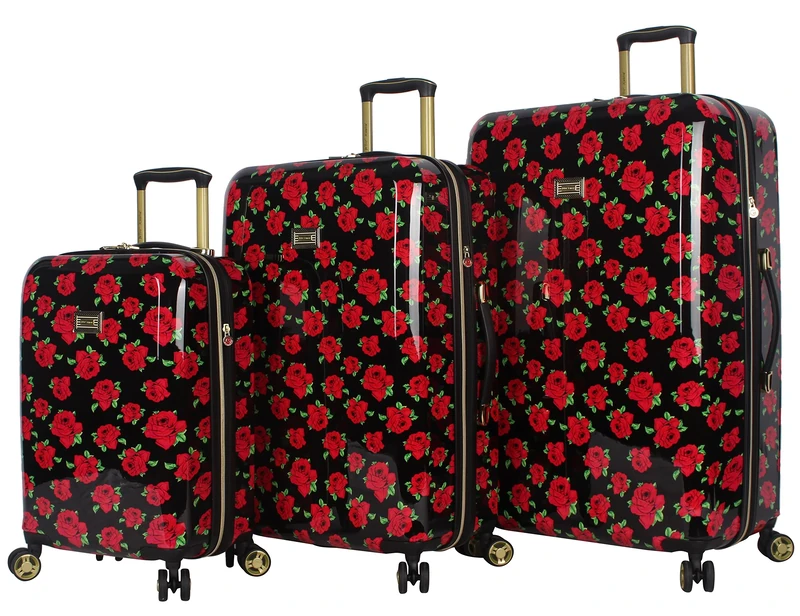 Betsey Johnson Luggage Hardside 3 Piece Set Suitcase with Spinner Wheels (20" 26" 30") (One Size, Flamingo Strut)…, Covered Roses, Small, Medium, Large