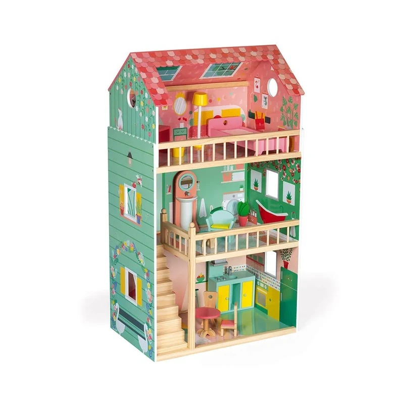 Janod - Happy Day Wooden Dollhouse - 3 Floors and 12 Accessories Included - Imitation Toy - Develop Imagination - from 3 Years Old, J06580
