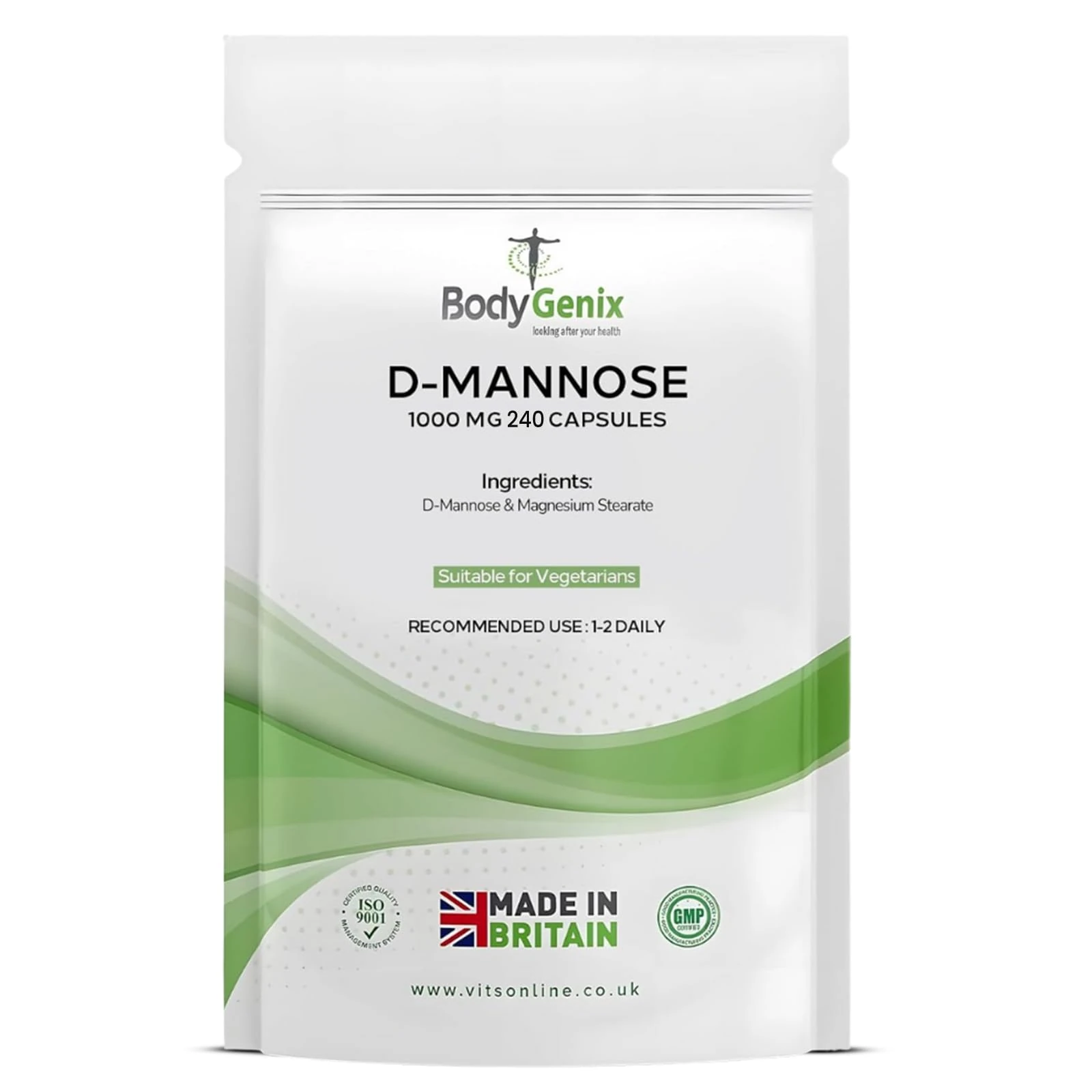 Bodygenix D-Mannose 1000mg Capsules High Strength UTI Treatment Immune System Support Vegan Food Supplement - 240 Capsules 8 Month Supply
