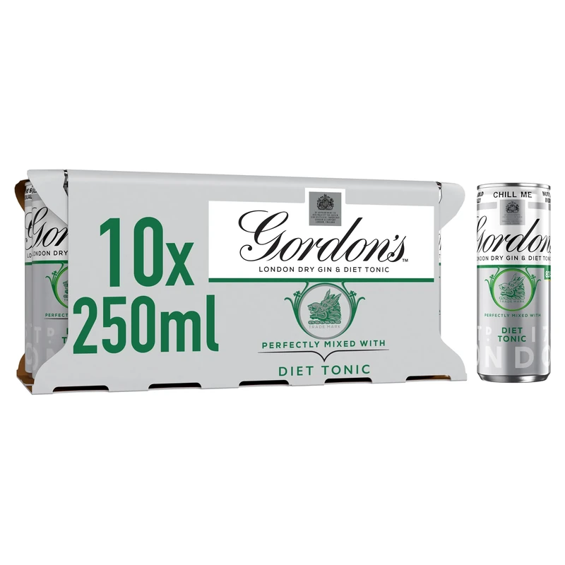 Gordon's London Dry Gin & Diet Tonic | 5% vol | 10 x 250ml Can | Ready to Drink Gin & Tonic Cans | Juniper & Gin Botanicals | Best Served Chilled from the Can or in a Gin Glass