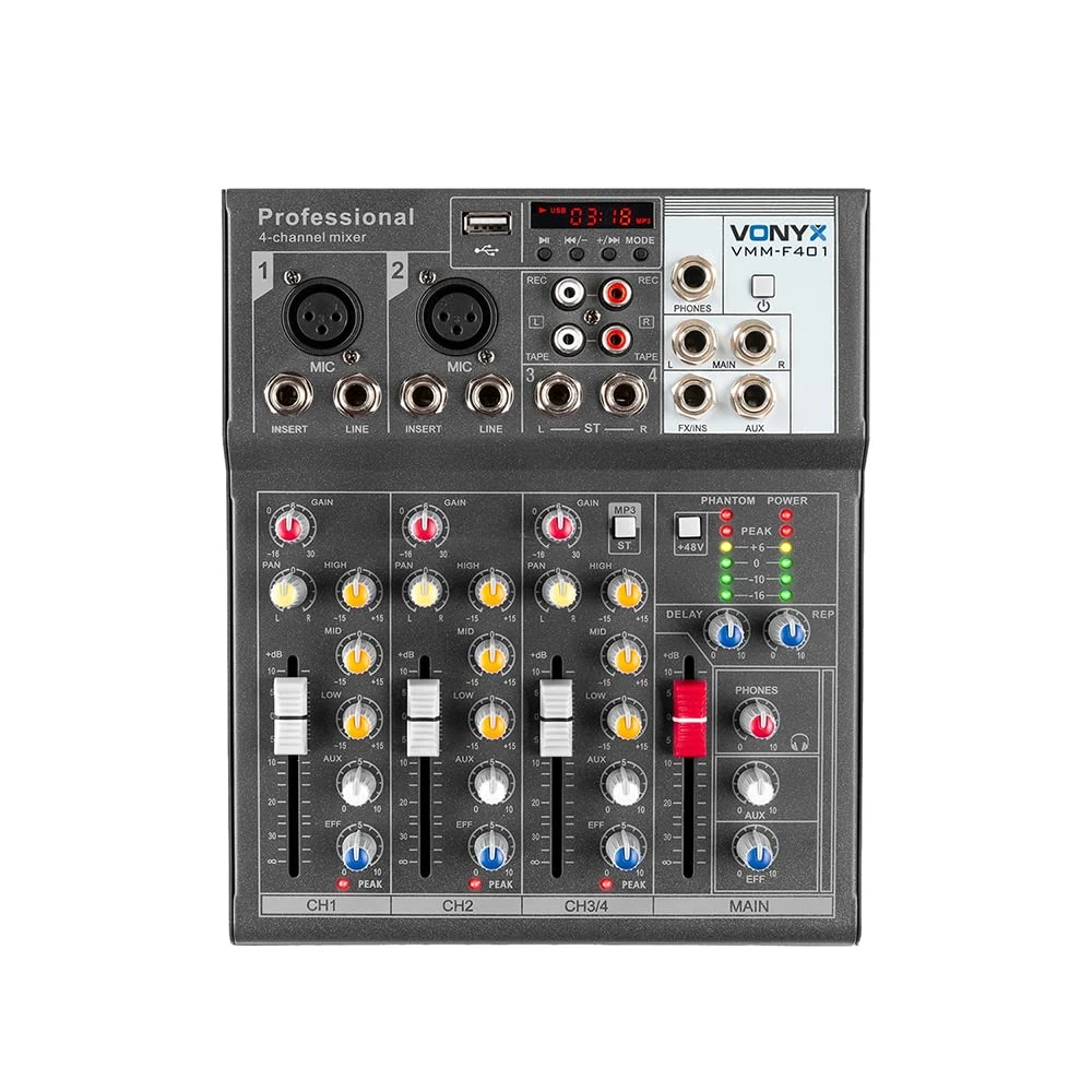 Vonyx VMM-F401 4 Channel Audio Mixer Console with USB MP3 Player, Phantom Power, Echo Effects, RCA Tape Input, Studio and Live Stage Mixing Desk for DJs, Podcasts, Bands and Home Studio Recording