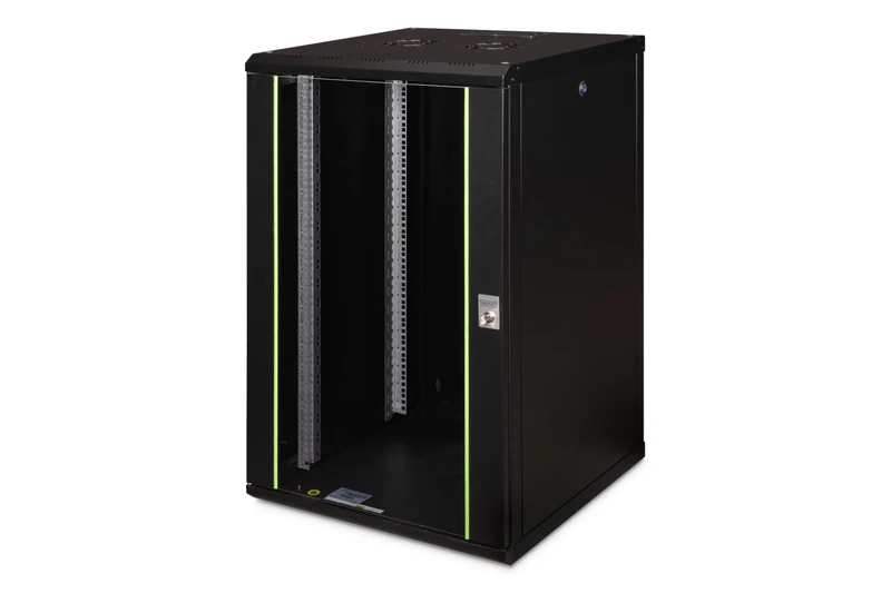 DIGITUS Network Cabinet – 19-inch rack – 20U – 600 mm x 600 mm (WxD) – Internal depth 450 mm – Wall-mounted – Load capacity 100 kg – Safety glass door – Protection class IP20 – Unique Series – Black
