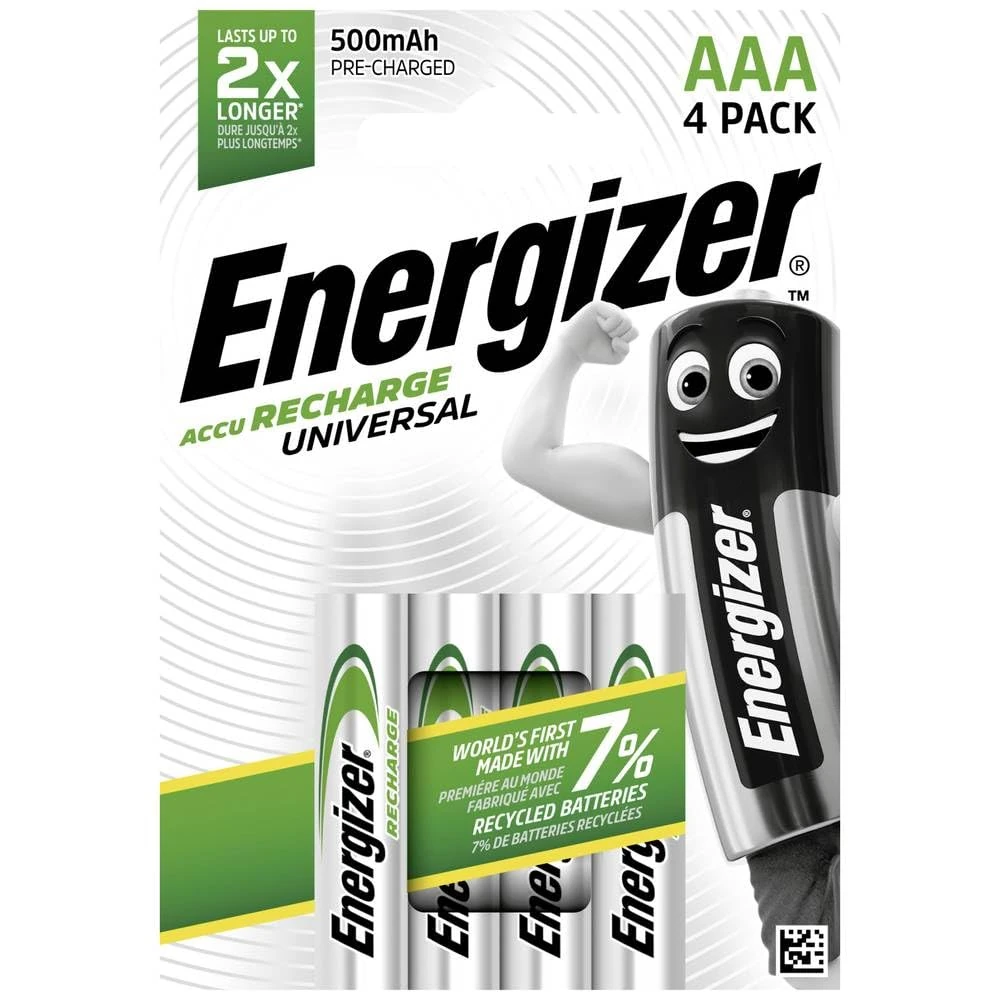 Energizer E301375700 Pre-Charged NiMH Battery Rechargeable Universal AAA 1.2 V 500 MAH, Pack of 4 Silver