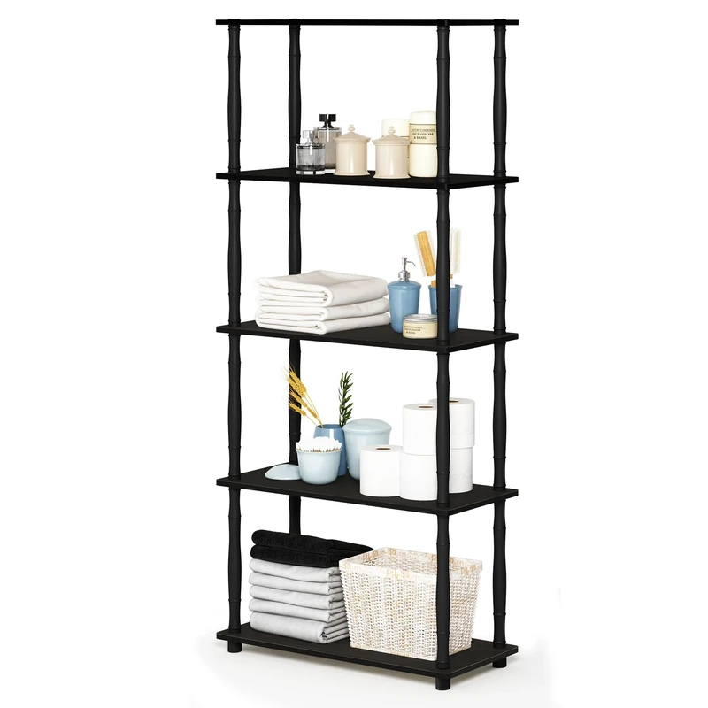 Furinno TURN-S-TUBE Storage Shelves, 5-Tier Book Shelf, Corner Shelf, Toolless Open Shelves, Classic Tubes, for Organization and Storage, Living Room, Garage, Home Office, Espresso