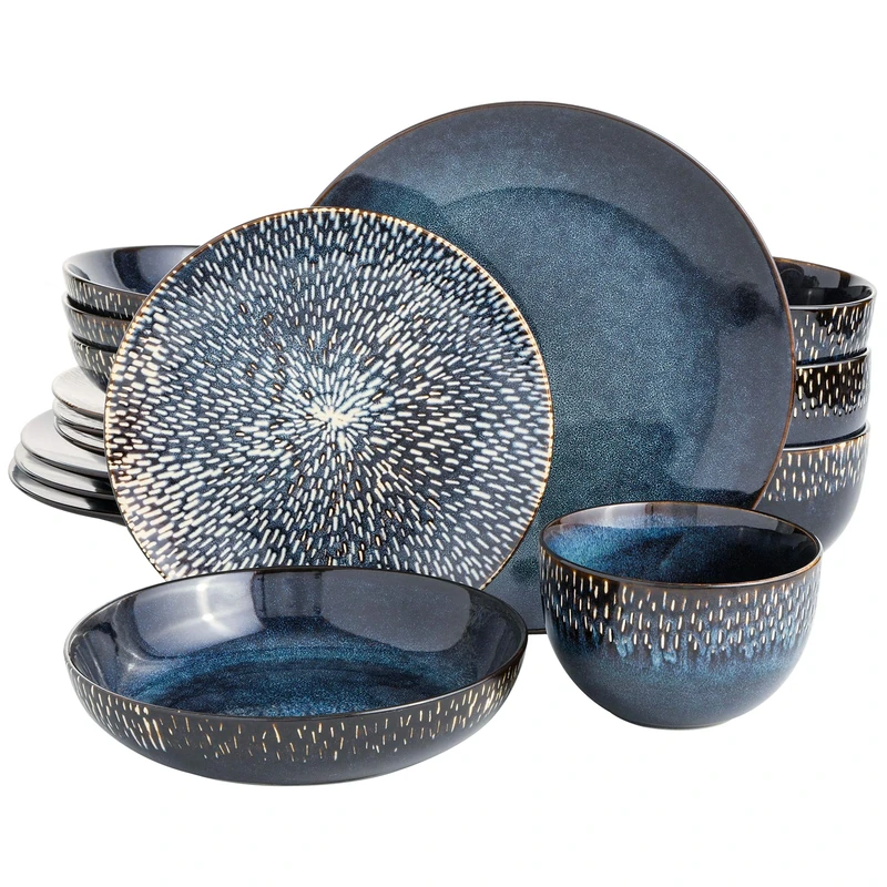 Gibson Elite Matisse Double Bowl Dinnerware Set, Service for 4 (16pcs), Cobalt Blue