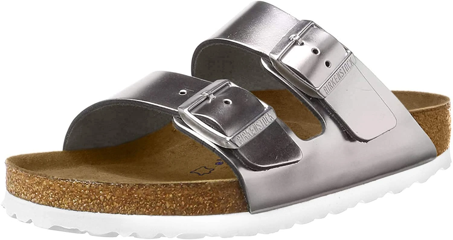 BIRKENSTOCK Arizona Unisex Leather Sandals, Silver (Metallic Silver Leather), 6-6.5, Metallic silver leather, 4 UK