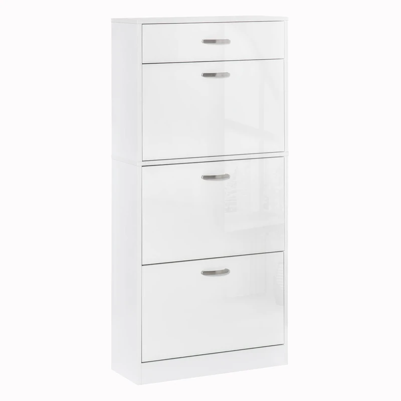 HOMCOM Shoe Cabinet with 3 Flip Drawers, High Gloss Shoe Storage Cabinet with Top Drawer and Adjustable Shelves, Shoe Cupboard for 18 Pairs, White - Image 1