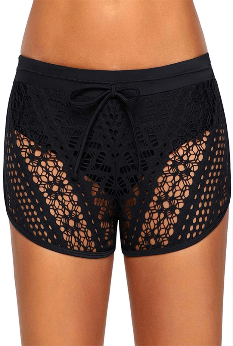Ocean Plus Women's Crochet Lace Swim Shorts Elegant Bikini Shorts Tankini Bottoms Overlay Hotpants Panty Boxer Plus Size Swimwear Beach Shorts (M (UK 10-12), A-Black)