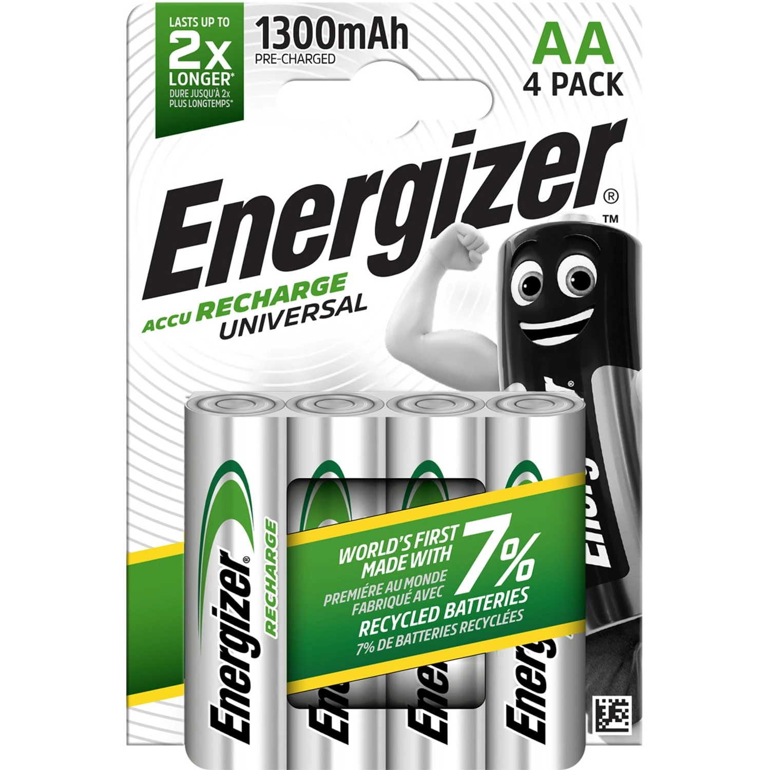 Energizer Recharge Universal - Rechargeable AA Batteries (4 Pack) - 1300 mAh NiMH Double A Battery - 100% Recyclable Plastic Free Packaging