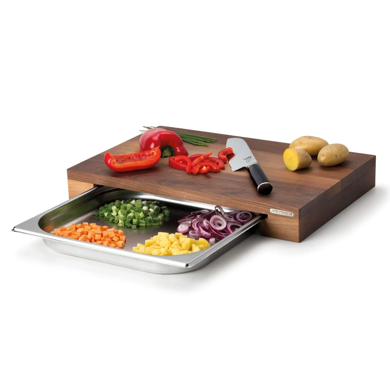 Continenta Cutting Board Walnut Wood with Stainless Steel Drawer