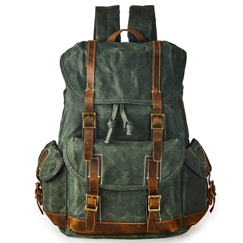 BRASS TACKS Leathercraft Men's Heavy Duty Canvas Genuine Leather Waterproof Buckle Cargo Pocket Utility Cinched Backpack (Green)