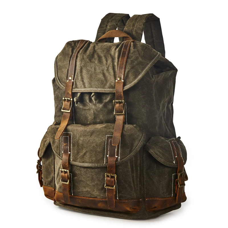 BRASS TACKS Leathercraft Heavy Duty Waxed Canvas Vintage Waterproof Backpack for Men Women Trim Casual 15.6" laptop Bookbag Travel Rucksack Shoulder Rucksack for Travel School