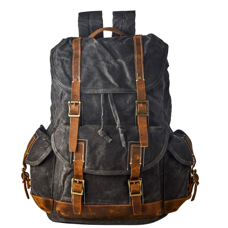 BRASS TACKS Leathercraft Heavy Duty Waxed Canvas Vintage Backpack for Men Women Trim Casual 15.6" Laptop Bookbag Travel Rucksack Shoulder, Grey - Image 1