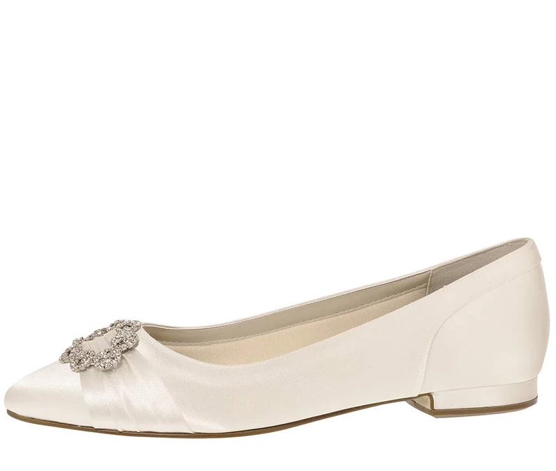 Rainbow Club Dulcie - Pretty Flat Heel Ivory Satin Bridal Wedding Shoes with Diamante Brooch, 3 UK