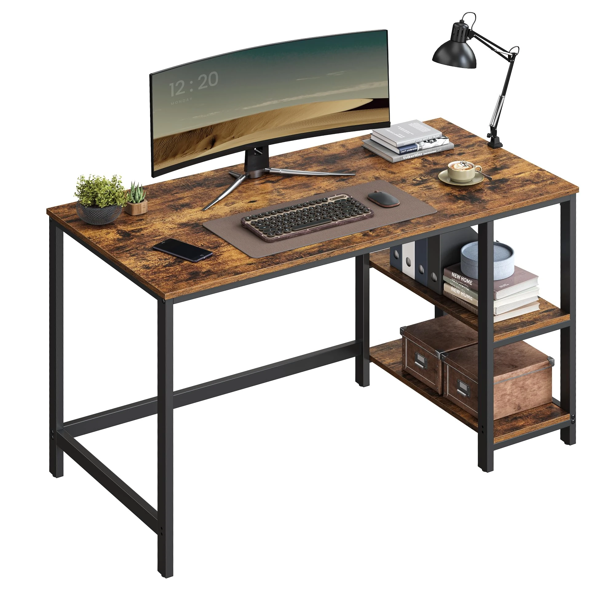VASAGLE Computer Desk, Writing Desk with 2 Shelves on Left or Right, Work Table for Office Living Room, Steel Frame, Industrial, Rustic Brown and Black LWD47X