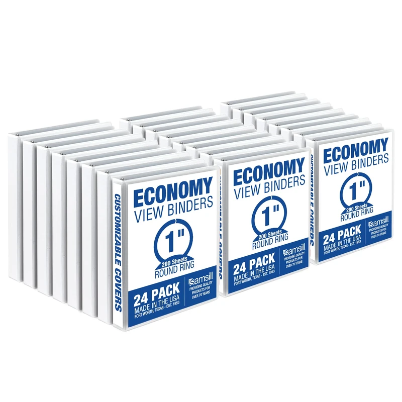 Samsill 1 Inch 3 Ring Binders, Made in USA, Economy Round Ring, Clear View Cover, 200 Sheet Capacity - for School, Home, Office - White, 24 Pack