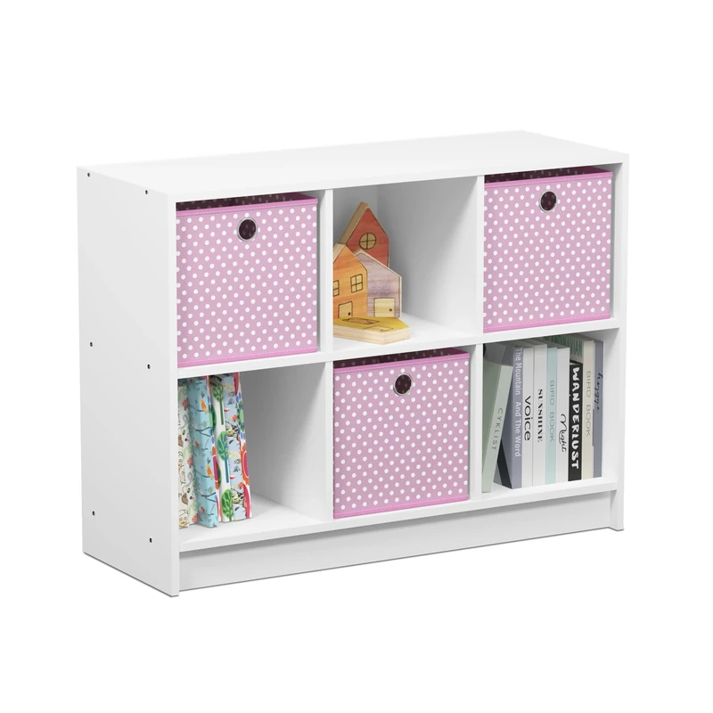 Furinno Basic 3x2 Bookcase Storage w/Bins, White/Pink