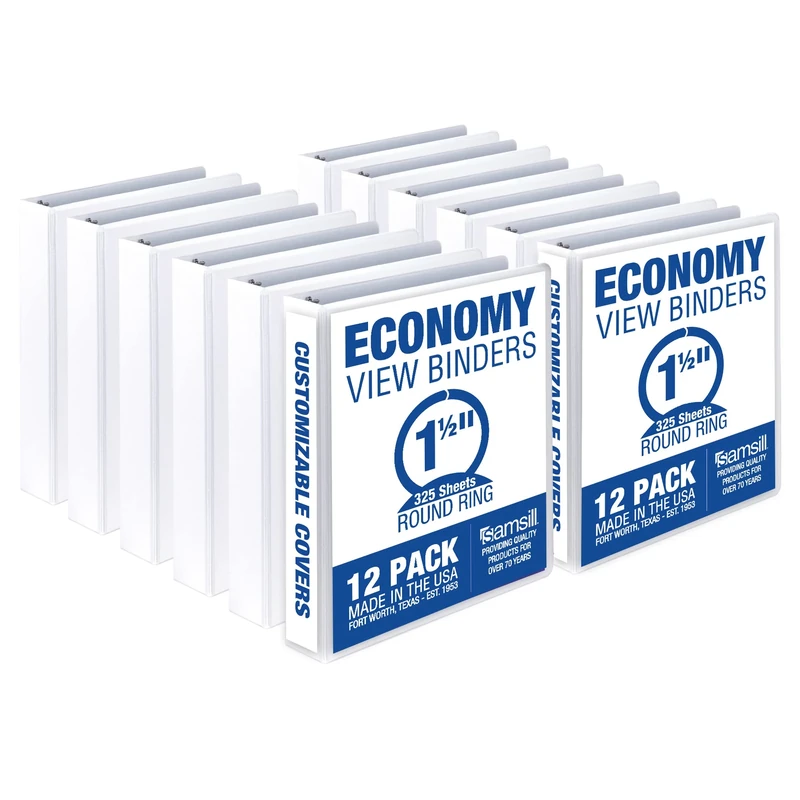 Samsill 1.5 Inch 3 Ring Binders, Made in USA, Economy Round Ring, Clear View Cover, 325 Sheet Capacity - for School, Home, Office - White, 12 Pack
