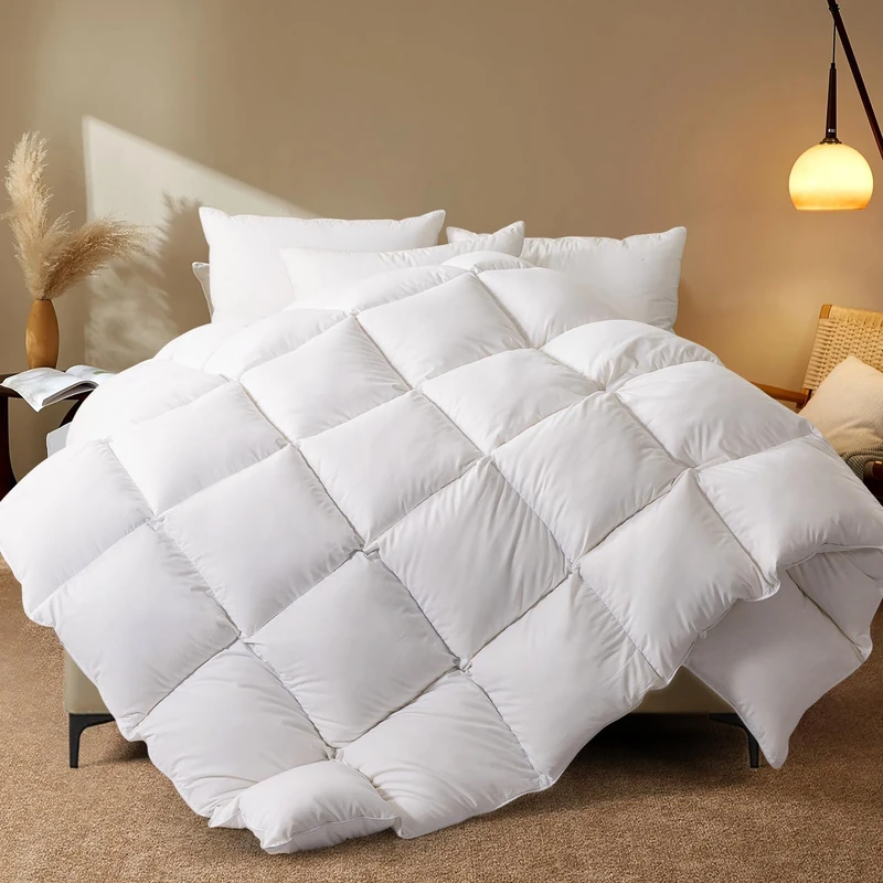 WhatsBedding 100% Cotton Cover White Goose Duck Down And Feather Comforter,Hypoallergenic. All Season Duvet Insert or Stand-Alone Comforter (Queen)