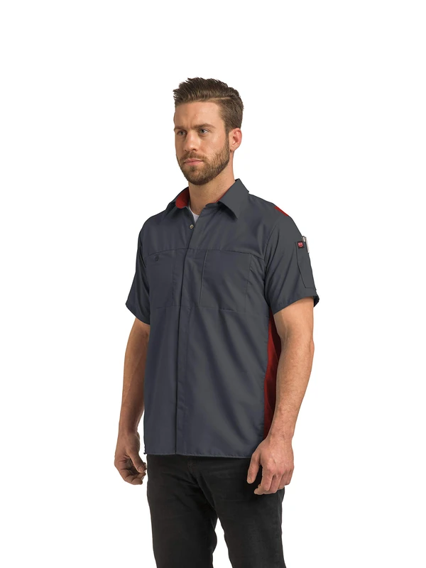 Red Kap Men's Short Sleeve Performance Plus Shop Shirt with Oilblok Technology, Charcoal/Fireball Red Mesh, X-Large