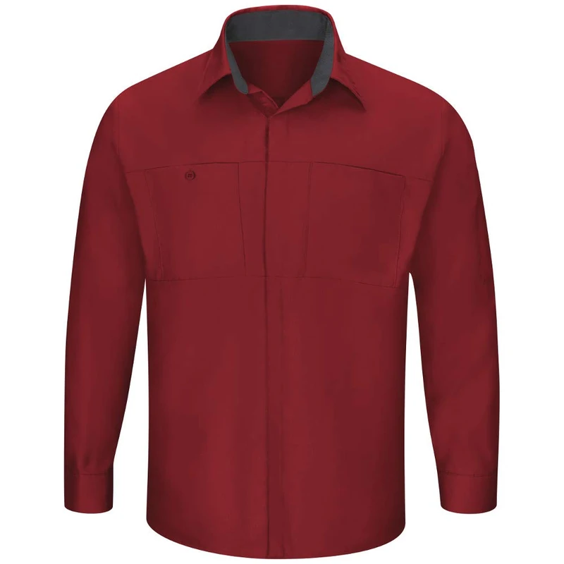 Red Kap Men's Long Sleeve Performance Plus Shop Shirt, Fireball Red with Charcoal Mesh, Large