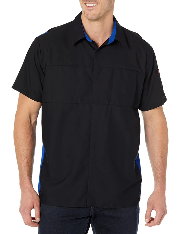 Red Kap Men's Short Sleeve Performance Plus Shop Shirt with Oilblok Technology, Black/Royal Blue Mesh, X-Large