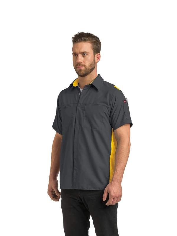 Red Kap Men's Short Sleeve Performance Plus Shop Shirt with Oilblok Technology Button, Charcoal/Yellow Mesh, S