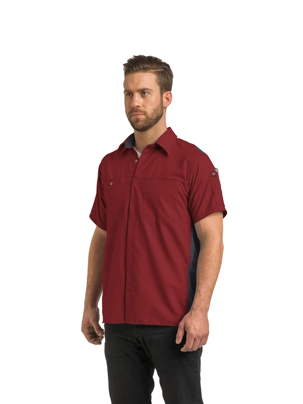 Red Kap Men's Short Sleeve Performance Plus Shop Shirt with Oilblok Technology, Fireball Red/Charcoal Mesh, X-Large