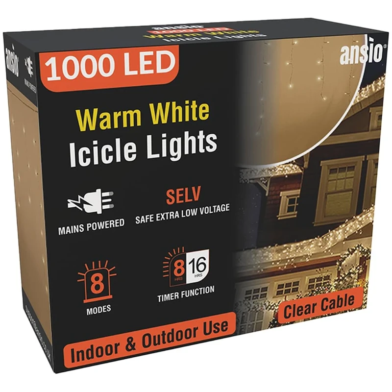 ANSIO® Outdoor Christmas Lights 1000 LED 35m/112ft Icicle Lights Outdoor & Indoor Warm White Decorations String Fairy Outside Lights with Timer for Xmas Garden & Party | Mains Powered Clear Cable