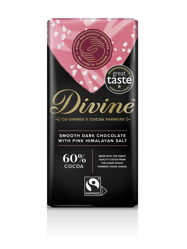 Divine 60% Cocoa Dark Chocolate with Pink Himalayan Salt 15 x 90g Bars – Fairtrade Dark Chocolate – Sweet & Salty – Ethical Premium Chocolate