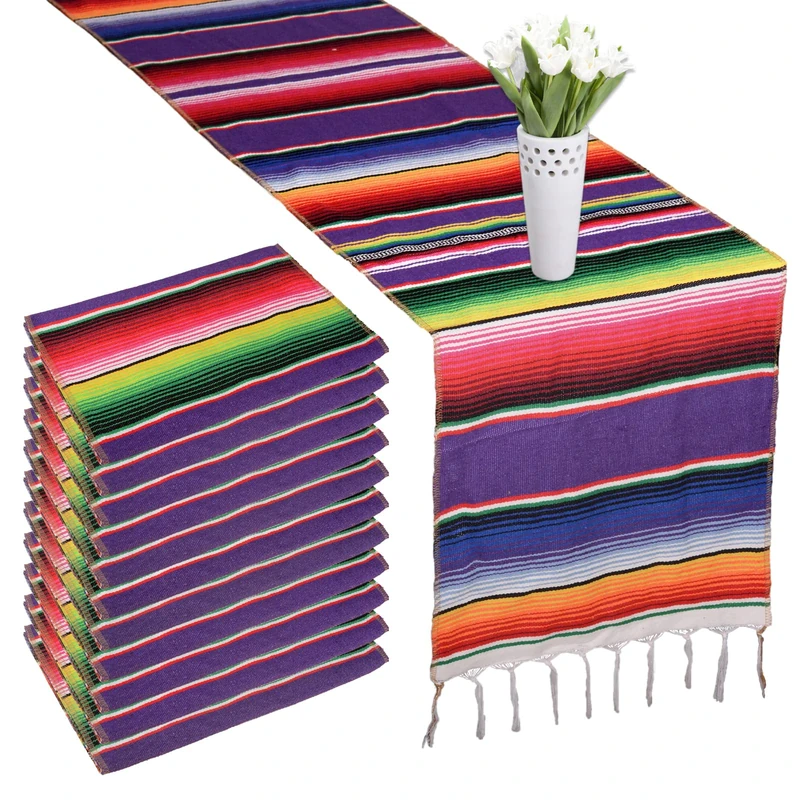 12 Packs Mexican Blanket Serape Table Runner Colorful Striped Fringe Cotton Table Runner for Mexican Birthday Party Wedding Holiday Decorations Pack of 12 - 14x84