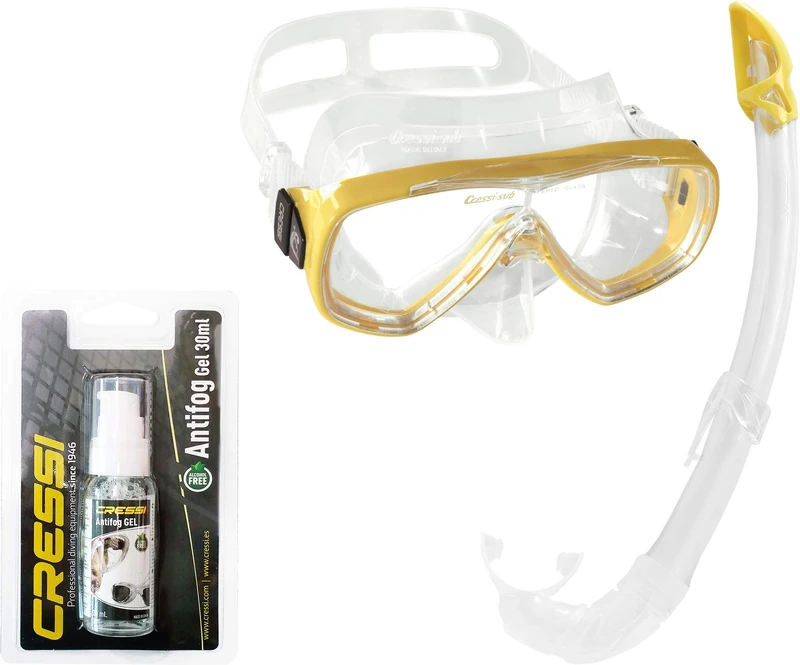 Cressi Onda Mare Italian Made Snorkel Set, Clear/Yellow with Unisex Anti Fog for Diving Masks/Swim Goggles, Transparent, 30 ml